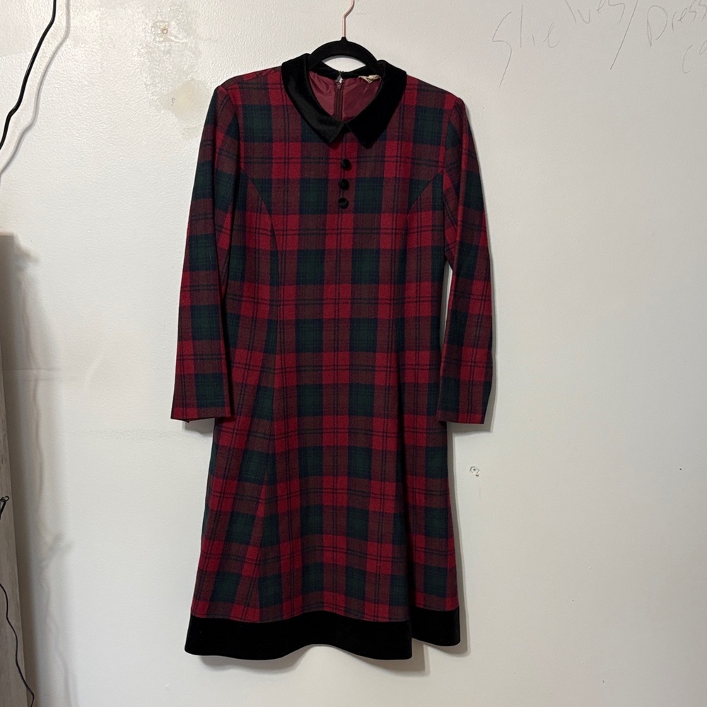 Vintage Elena Tartan Plaid Velvet Collar Dress Wool Feel Med? - Picture 2 of 8